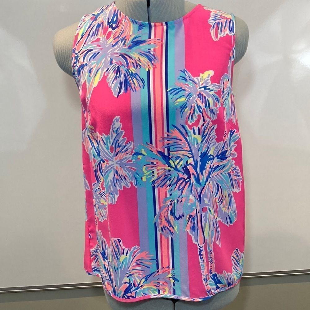 Lilly Pulitzer‎ - Print Name- Nice Stems Flamingo Pink 100% silk Top SZ S